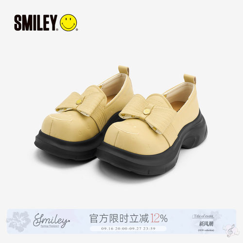 笑脸黄色秋蝴蝶结厚底女乐福鞋子
