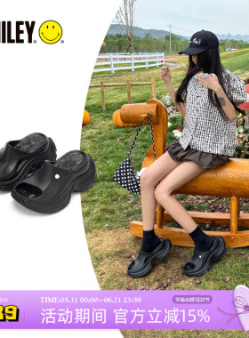 【刘萌萌同款】SMILEY笑脸黑色海星厚底增高9CM沙滩凉鞋夏女拖鞋