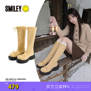SMILEY笑脸秋季黄色蝴蝶结女长筒增高甜美可调节星星弹力靴袜靴子