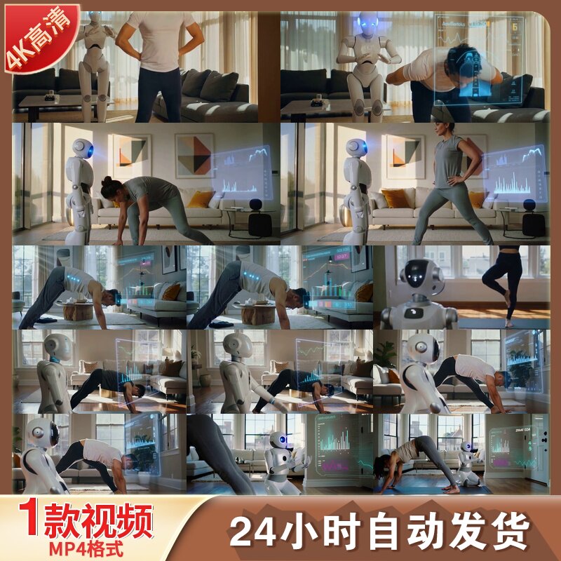 高清AI智能瑜伽机器人居家健身教练指导运动健康科技互动视频素材