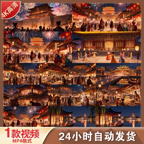 高清大唐盛世国风长安夜市繁华街景古风人群庙会灯笼烟花视频素材