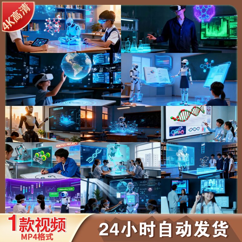 高清未来科技课堂VR教学智能教育机器人互动教学全息投影视频素材