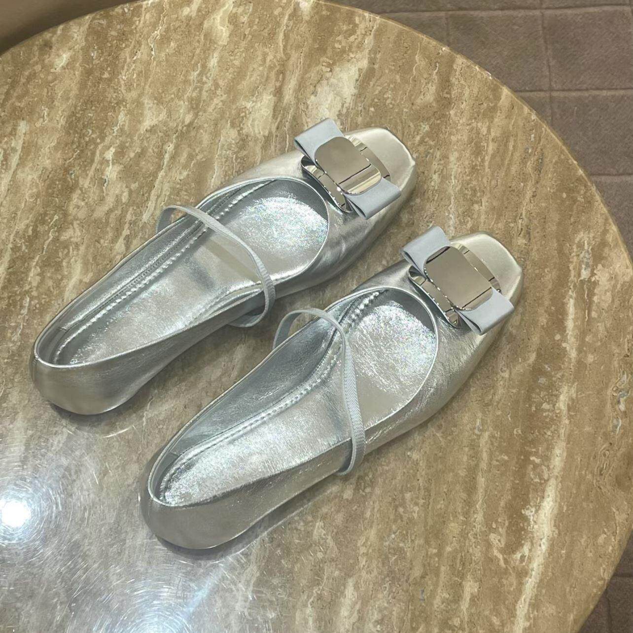 羊皮版~真皮新款法式复古银色浅口芭蕾舞单鞋女玛丽珍通勤平底鞋