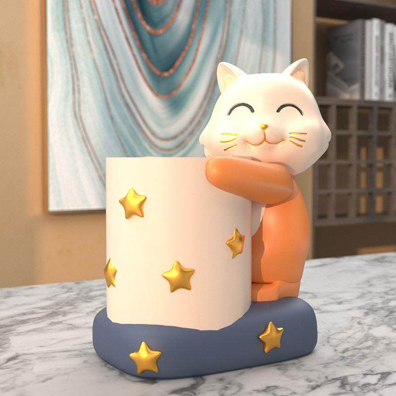 创意可爱招财猫笔筒摆件办公室桌面客厅家居实用装饰品送礼好物