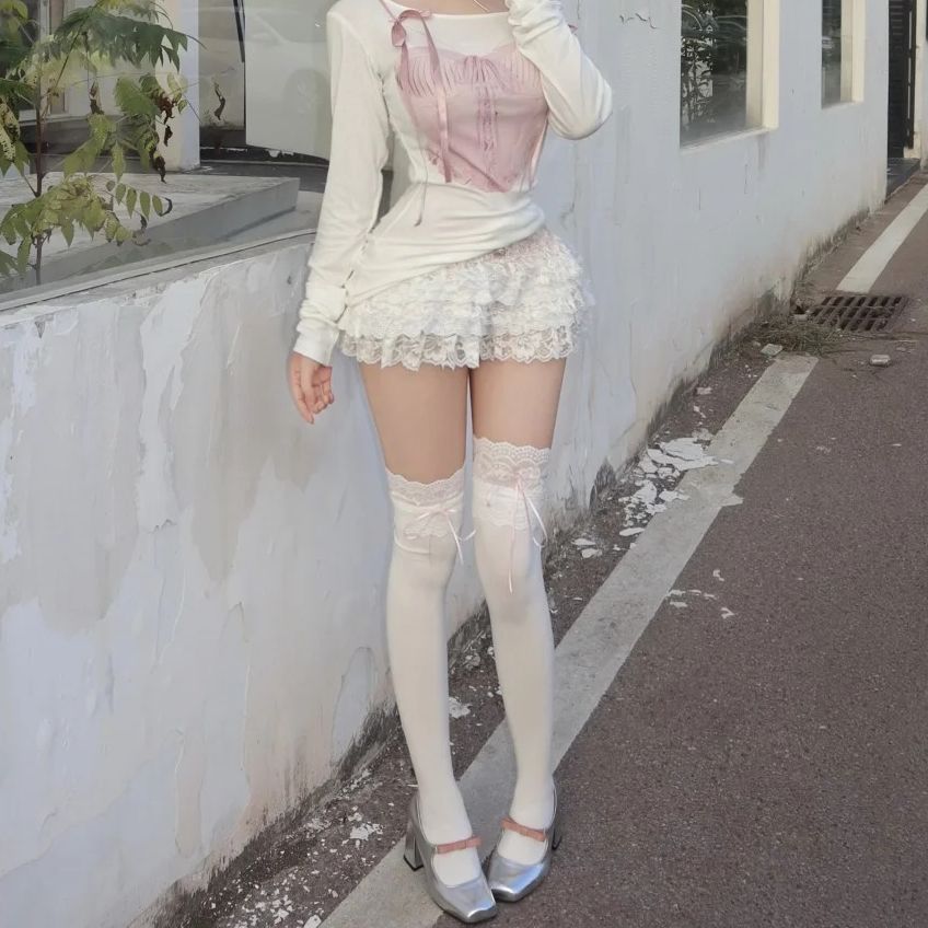 日系白色蕾丝花边甜美小腿袜