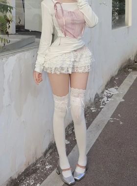 日系白色蕾丝花边甜美小腿袜女中筒洛丽塔可爱绑丝带过膝袜春季