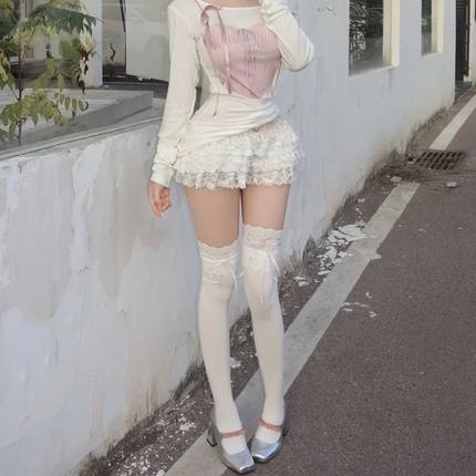 日系白色蕾丝花边甜美小腿袜女中筒洛丽塔可爱绑丝带过膝袜春季