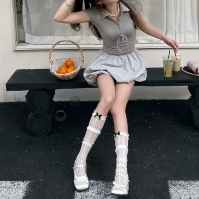 玛丽珍袜子女中筒夏季芭蕾风丝带蝴蝶结堆堆袜花边白色蕾丝小腿袜
