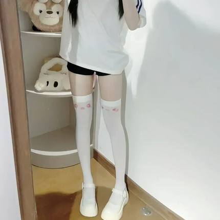 Lolita日系颜文字过膝袜白丝袜可爱印花亚文化纯欲二次元长筒袜