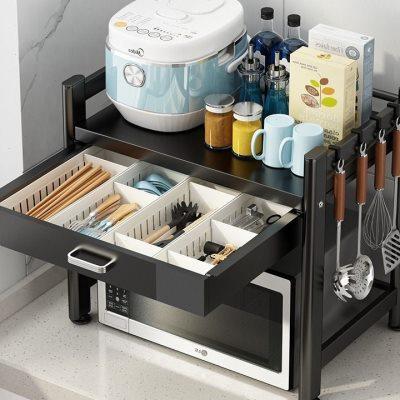 带抽屉烤箱微波炉置物架厨房台面电饭锅储物架空气炸锅收纳架碳钢