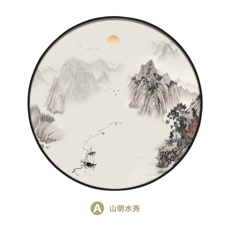 新中式装饰画望云楼圆形入户玄关客厅山水画禅意茶室挂画水墨画