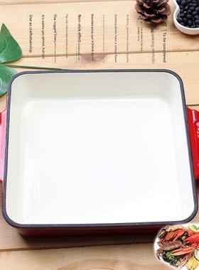 22cm铸铁珐琅红色放盘煎锅菜盒方形状烤鱼烤肉面包披萨搪瓷盘家用