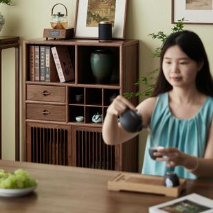 黑胡桃木餐边柜家用侧边储物柜实木老榆木客厅茶边柜 杪轩新中式