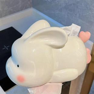 高颜值纸巾盒高档轻奢陶瓷可爱萌兔创意茶几摆件 抽纸盒客厅网红款