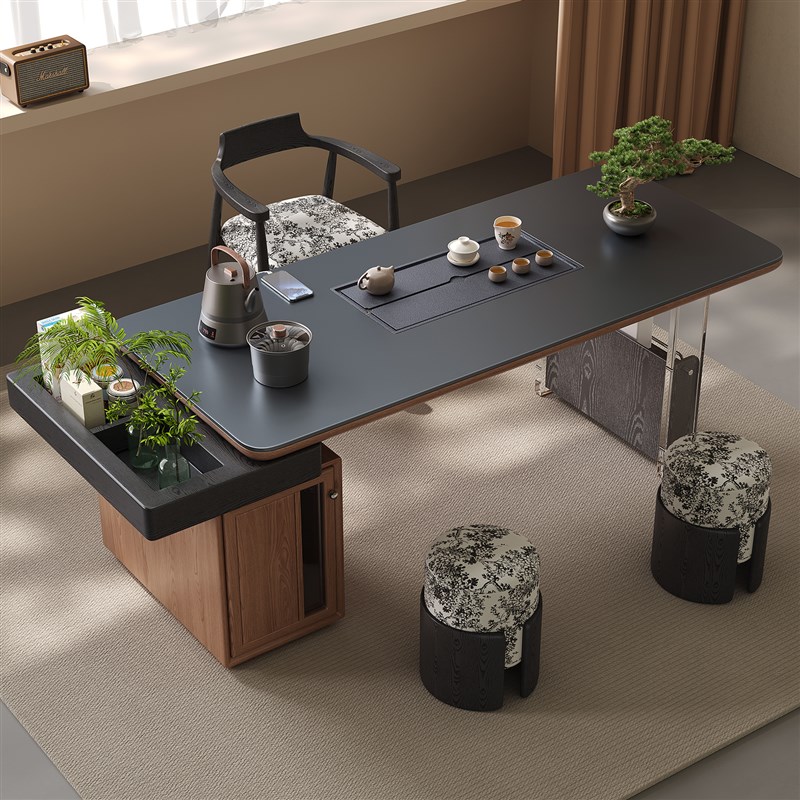 实木岩板茶台茶桌现代简约客x厅阳台办公室茶室新中式喝茶桌椅组