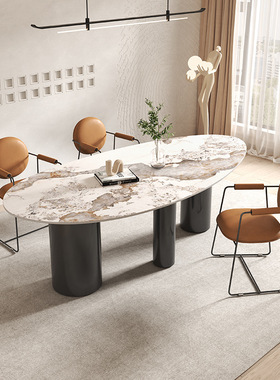 轻奢亮光岩板长方形餐桌椅组合现代简约家用小户型客厅饭桌M338#