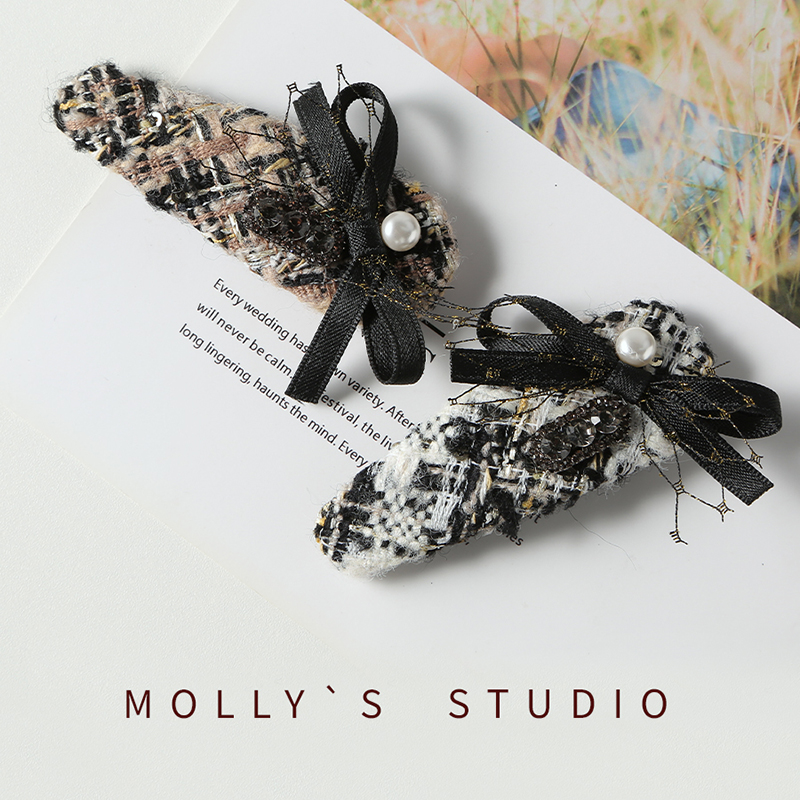 韩版小香风镶钻珍珠蝴蝶结高端气质发夹2024新款BB夹侧边夹刘海夹