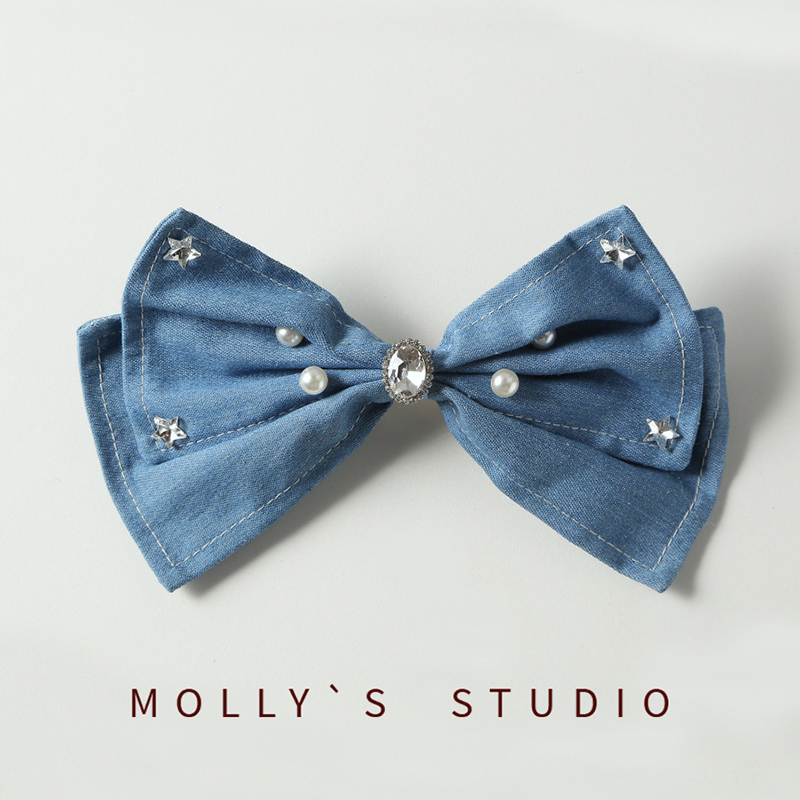 韩版ins风牛仔布艺水钻珍珠大号蝴蝶结弹簧夹少女后脑勺顶夹发夹