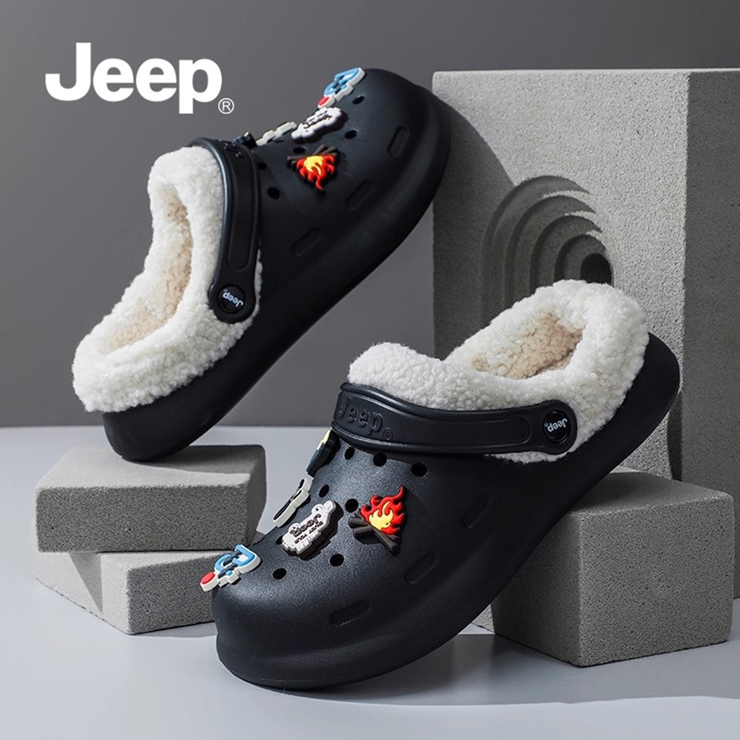 JEEP加绒洞洞鞋女款冬季外穿2025新款毛绒棉拖女冬加棉保暖棉拖鞋