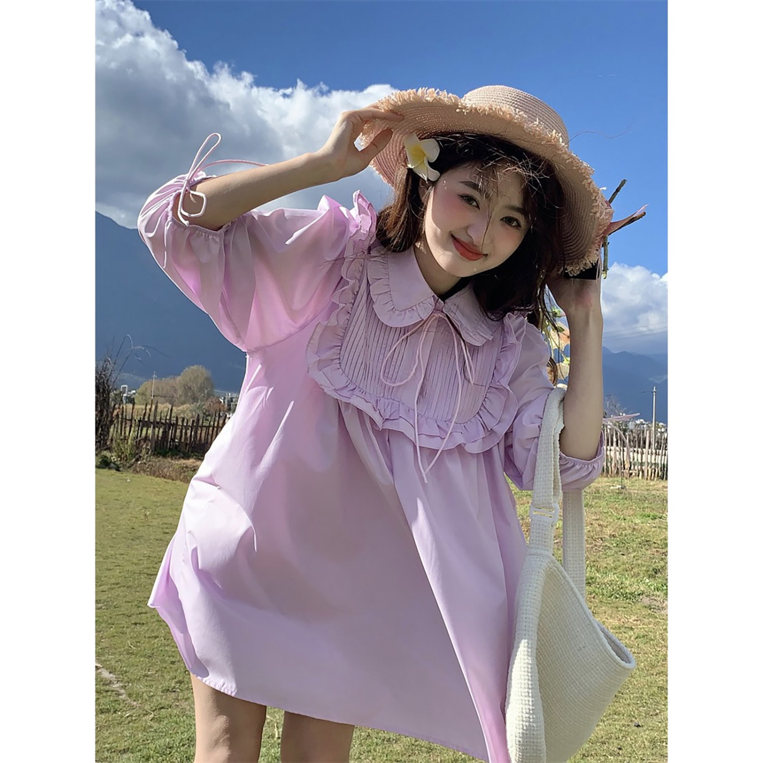 范雯雯 风琴演奏 紫色系带娃娃领连衣裙女甜美木耳边温柔短裙子