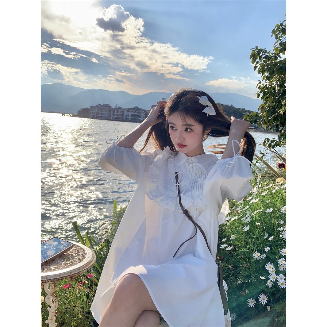 范雯雯 风琴演奏 娃娃领褶皱短袖连衣裙女春甜美泡泡袖宽松裙子