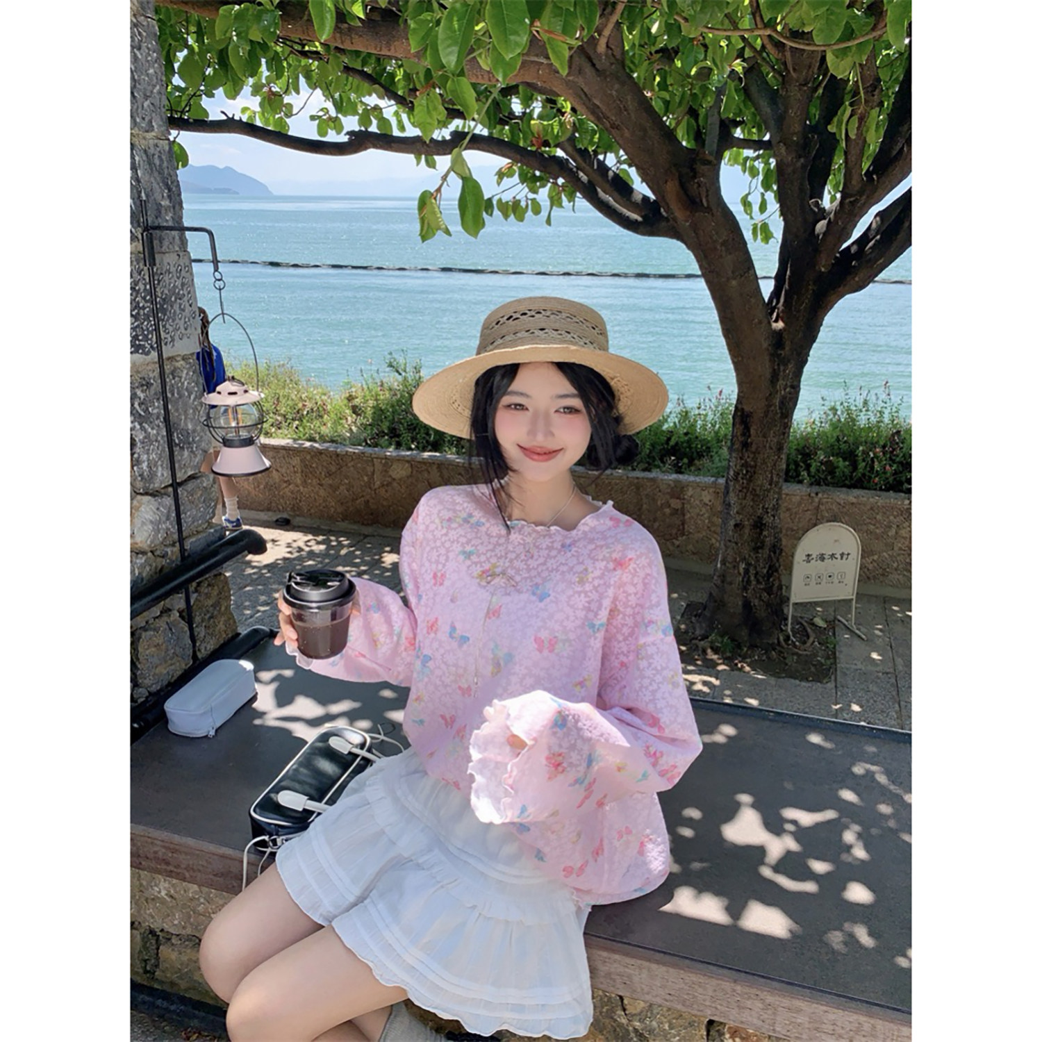 范雯雯 蝴蝶花园 薄款长袖甜美印花T恤女春季宽松少女可爱防晒衣