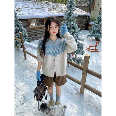 范雯雯 北海道初雪 费尔岛复古提花内搭毛衣女冬季甜美针织开衫