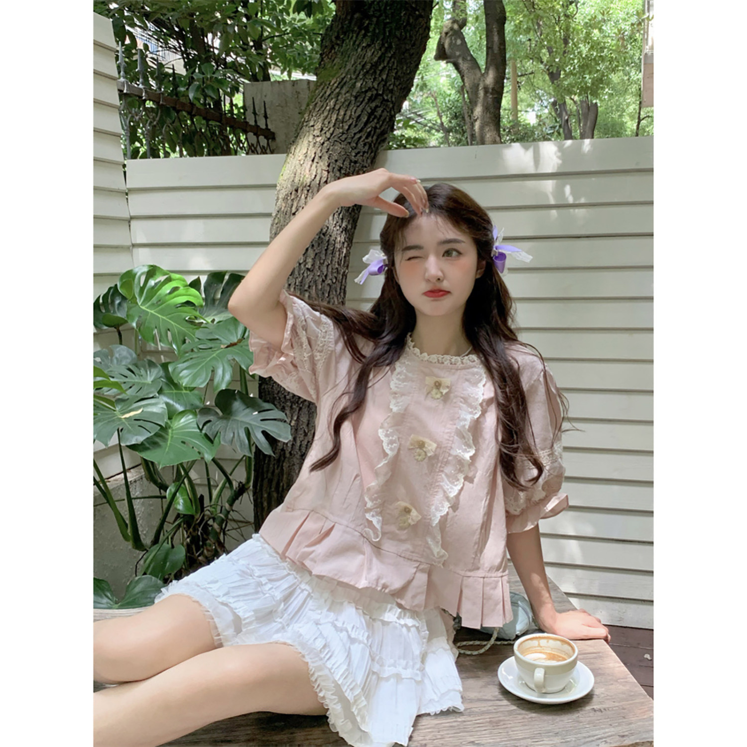 范雯雯 少女情诗 可爱泡泡袖粉色上衣春季甜美蕾丝花边宽松衬衫女