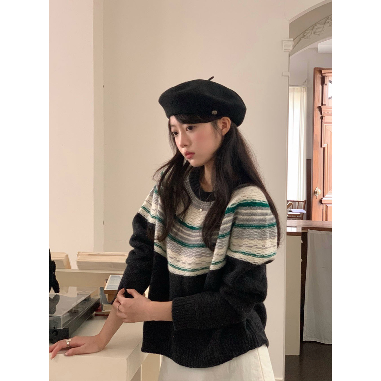 浮云拿铁韩系复古提花条纹毛衣