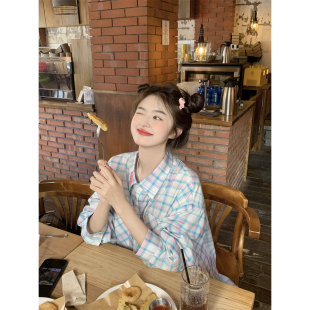 甜美泡泡恤宽松外套 范雯雯 甜味冰淇淋 刺绣防晒格子衬衫 女夏季