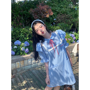 范雯雯 泡泡袖 翻领蓝格宽松连衣裙春季 学院甜美短裙子女 盐盐夏至