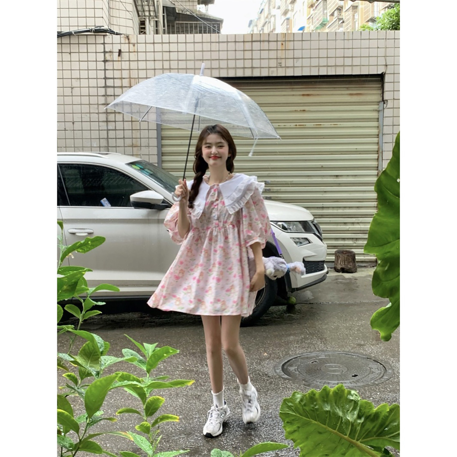 范雯雯 初见花绯 娃娃领碎花连衣裙春季韩风甜美短袖宽松短裙子女