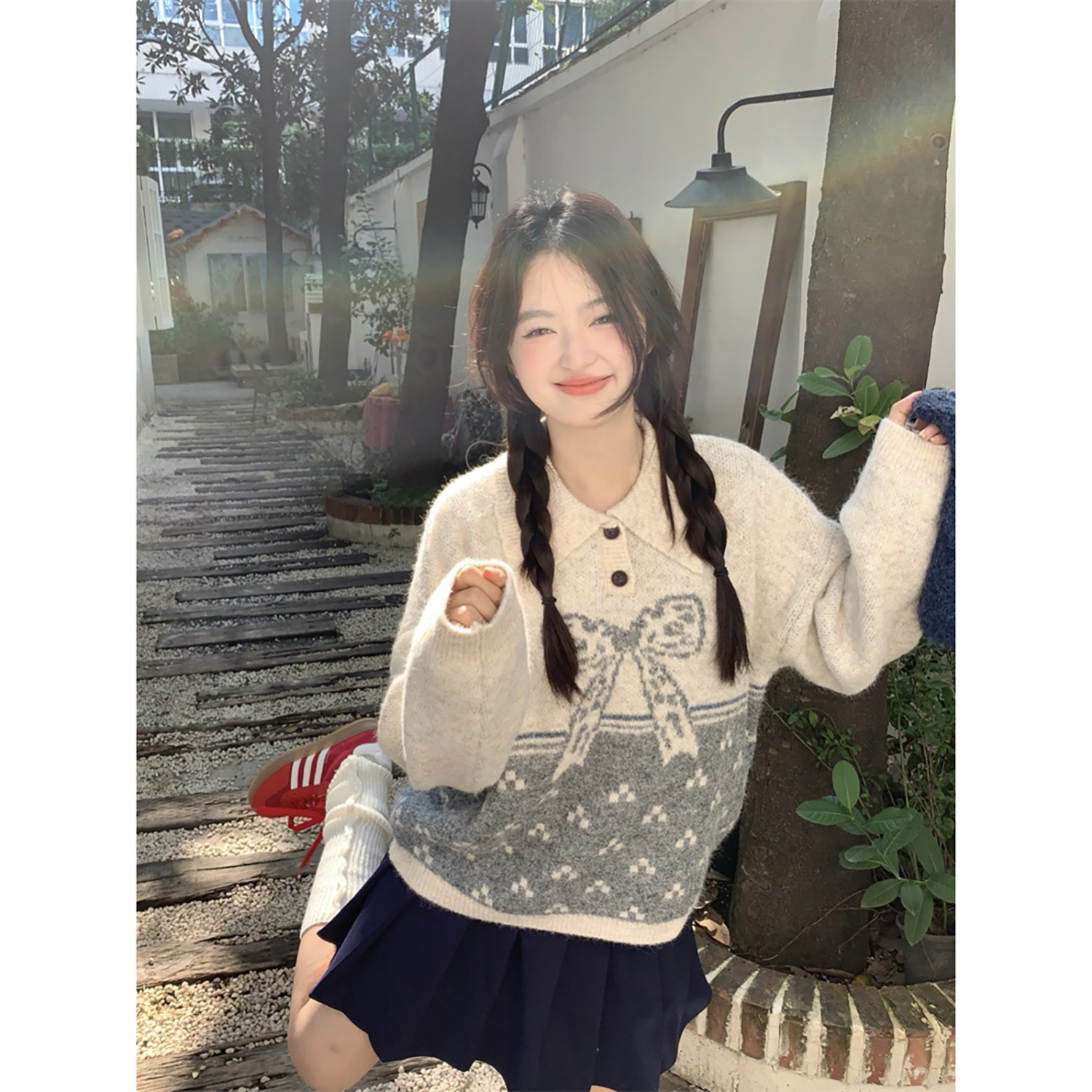 范雯雯 26/ww 奶酥燕麦 蝴蝶结提花毛衣女冬polo领温柔针织衫