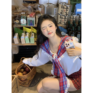 范雯雯 曼塔奶酪 百搭韩式复古学院少女衬衫格子蝴蝶结上衣女秋