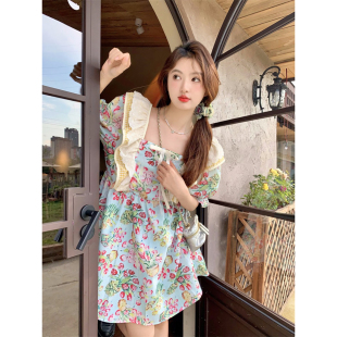 范雯雯 茶色野蔷 法式茶歇甜美印花短裙子女夏季高腰泡泡袖连衣裙