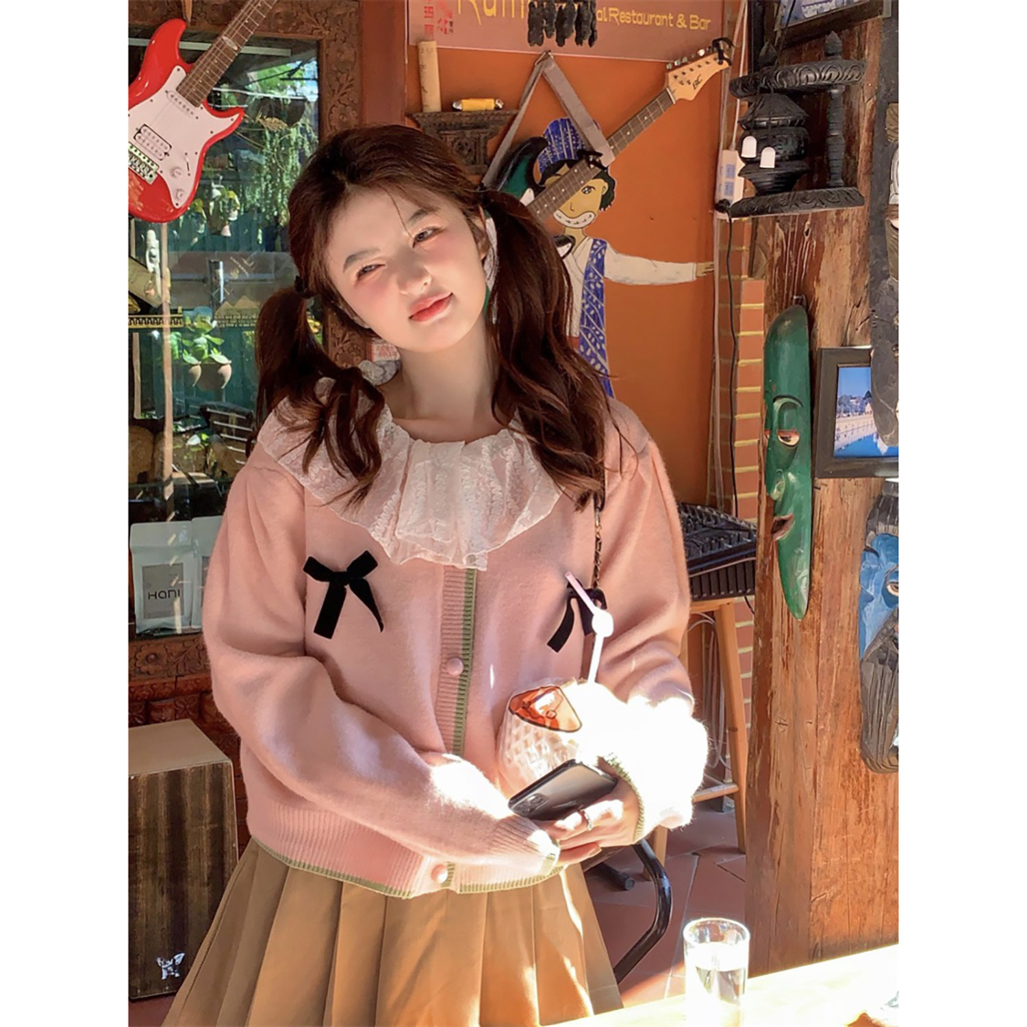 范雯雯 预备甜心 蕾丝蝴蝶结娃娃领针织开衫女日系宽松可爱风毛衣