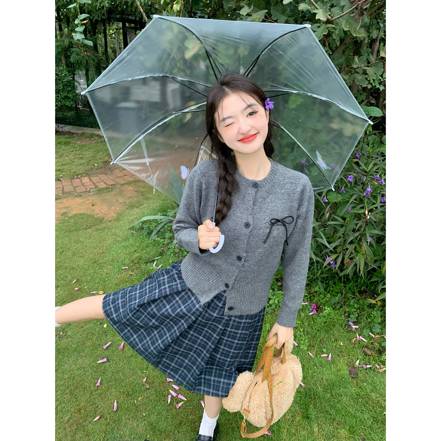 学院慕斯立体蝴蝶结圆领针织开衫