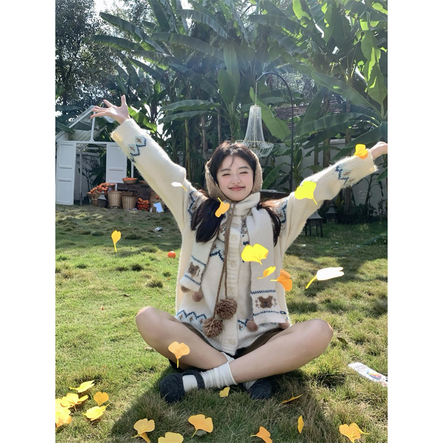 奶油榛巧撞色提花针织开衫