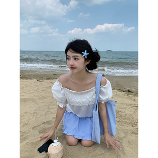 韩系小白花 甜美蕾丝白色衬衫 女泡泡袖 范雯雯 韩风上衣春季