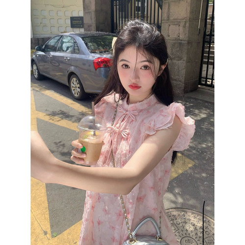 范雯雯蔷薇书信 粉色印花盘扣短袖连衣裙女夏季甜美飞飞袖a字裙子