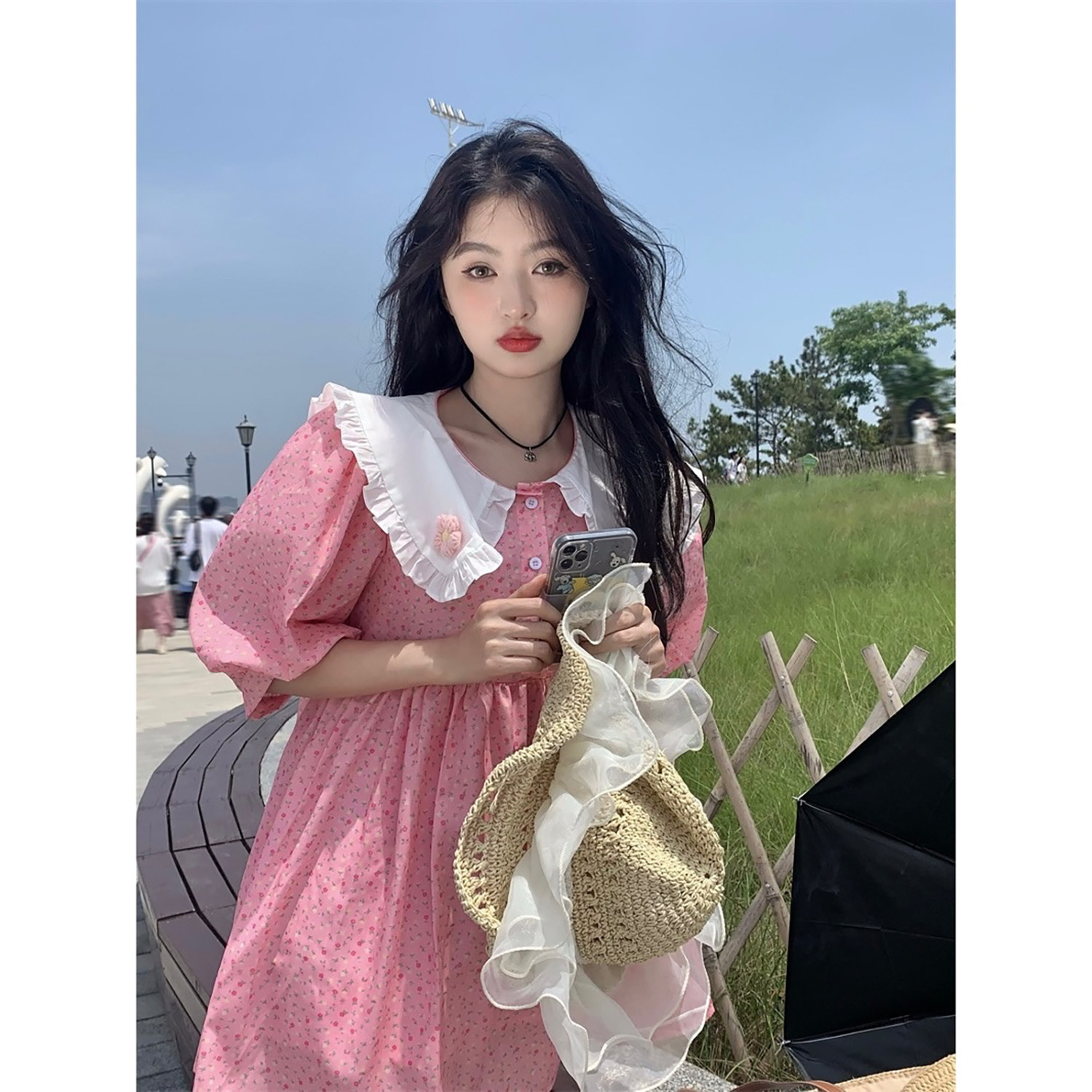 范雯雯 花间浮夏 粉色可爱小花高腰连衣裙女甜美娃娃领碎花短裙夏
