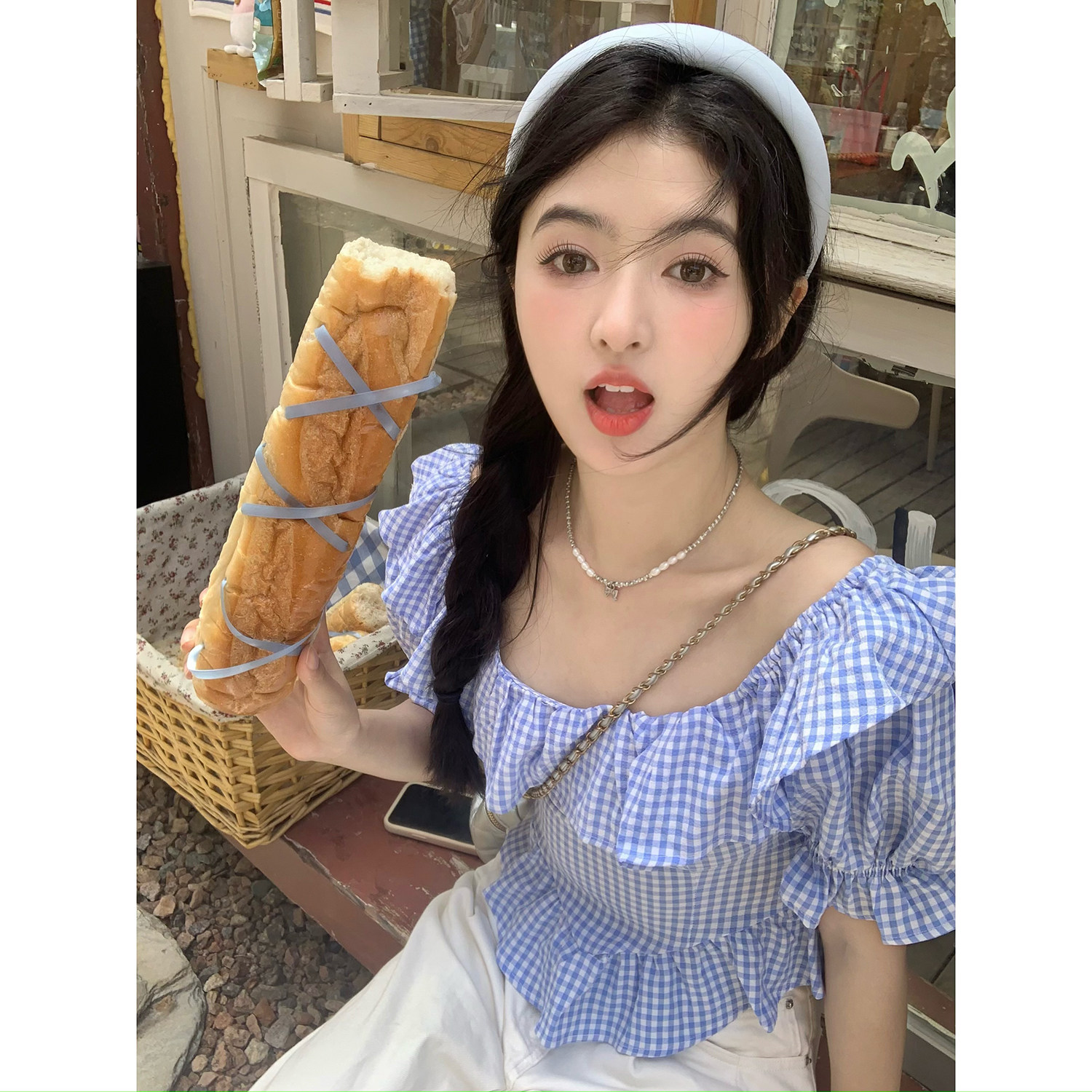 范雯雯 云朵假期 法式泡泡袖格子衬衫女夏季甜美复古少女短款上衣