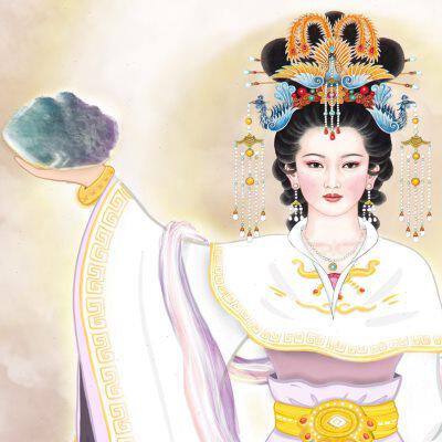 女娲娘娘画像女娲补天中堂画道场托天老母神像绢布挂画装饰卷轴画