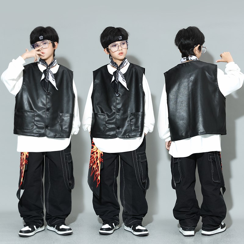 速发少儿街舞潮服秋哈hiphop嘻冬皮马甲套装孩舞士爵元旦演出服男