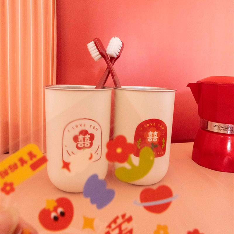 速发可批全情喜品结婚洗漱杯套牙杯陪嫁刷装糖侣一对漱口婚嫁用品