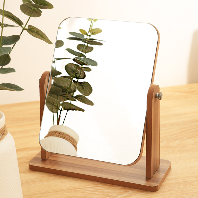 速发化妆镜子桌面台式梳妆台单古木质家用复室生学生宿舍卧面可旋