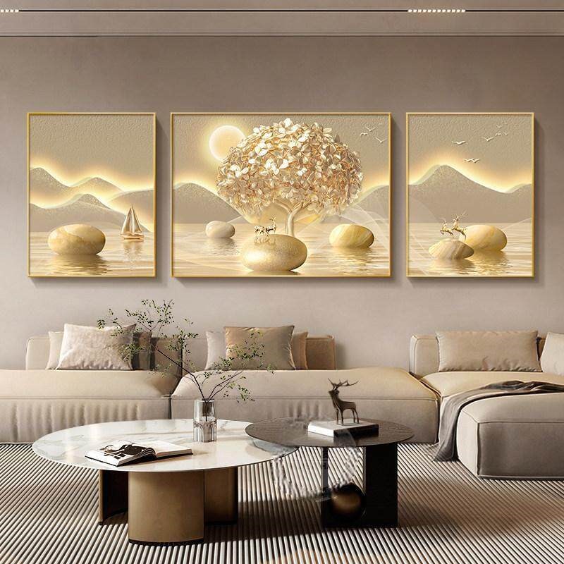 速发轻奢客厅装饰画发财树高级感沙发背景墙挂画高档大气三联壁画