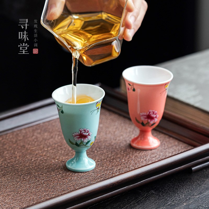 速发彩蝶小花闻香杯品茗杯复古国风茶杯恋酒杯家用陶瓷功夫茶具