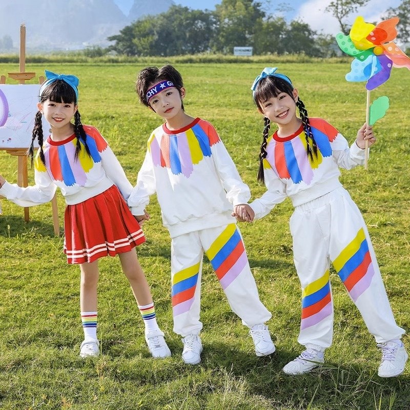 速发小学生啦动会服装开幕式长彩袖虹套装方阵表演服幼儿运啦队演