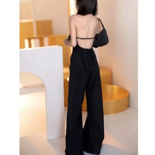 荡领露背挂脖吊带背心辣妹纯欲黑色小众气质上衣配西装 阔腿裤 套装